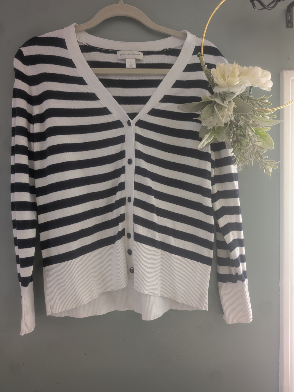 Christopher & Banks Black and White Striped V‑Neck Button Cardigan